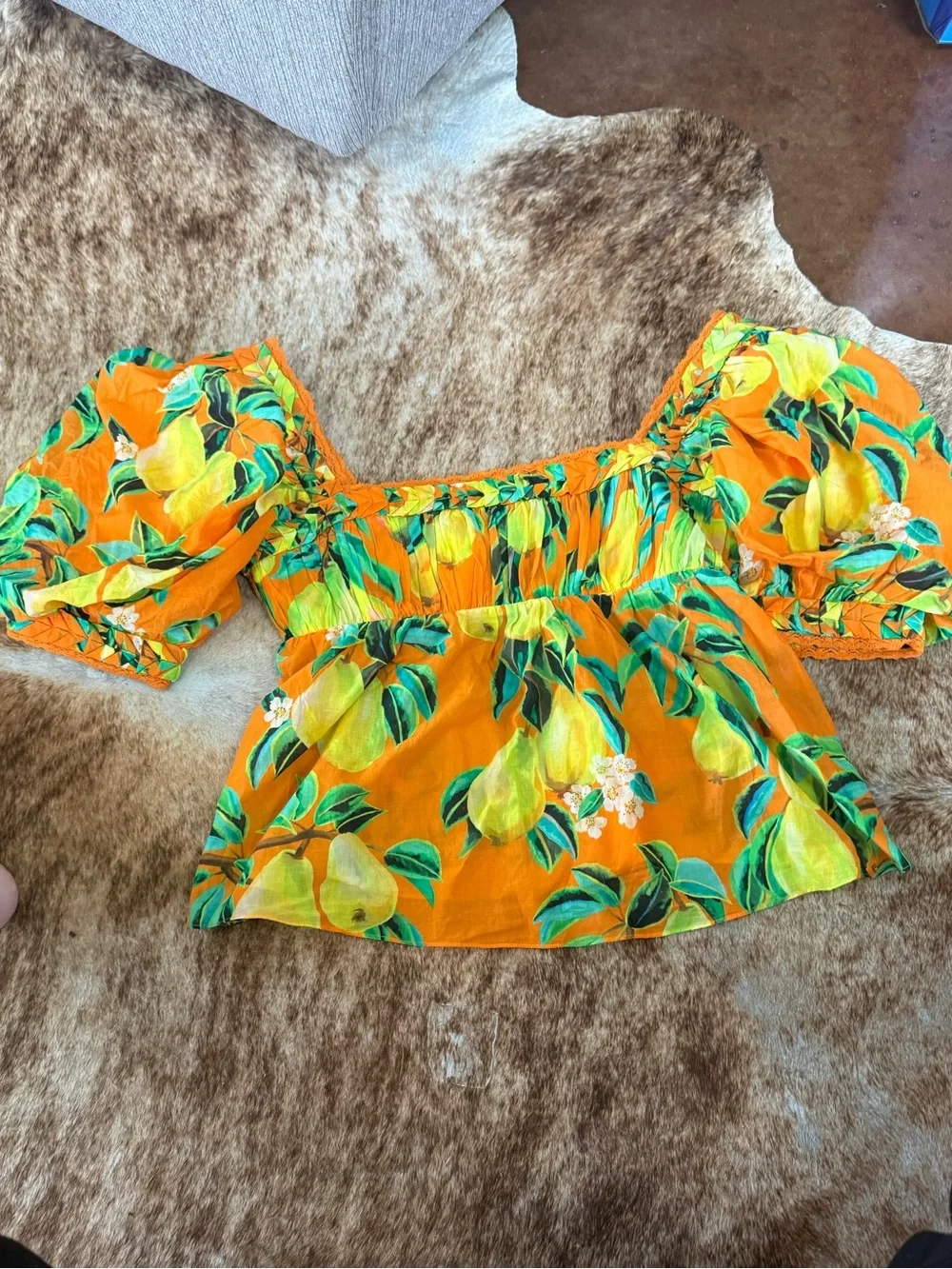 FARM‎ Rio Chic Pears Orange Puff Sleeve Blouse Top Womens Large NWT